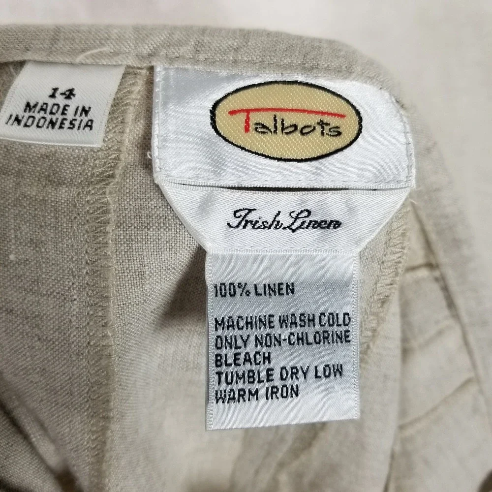 Talbots Linen Skirt Womens 14 Beige Irish Linen A-Line Midi Side Tie Zip
